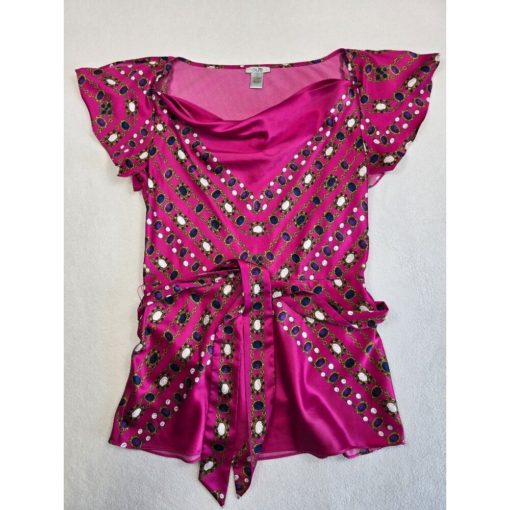 Vintage Y2K Cache Womens Pink Satin Belted Cowl Neck Top M Flutter Sleeves